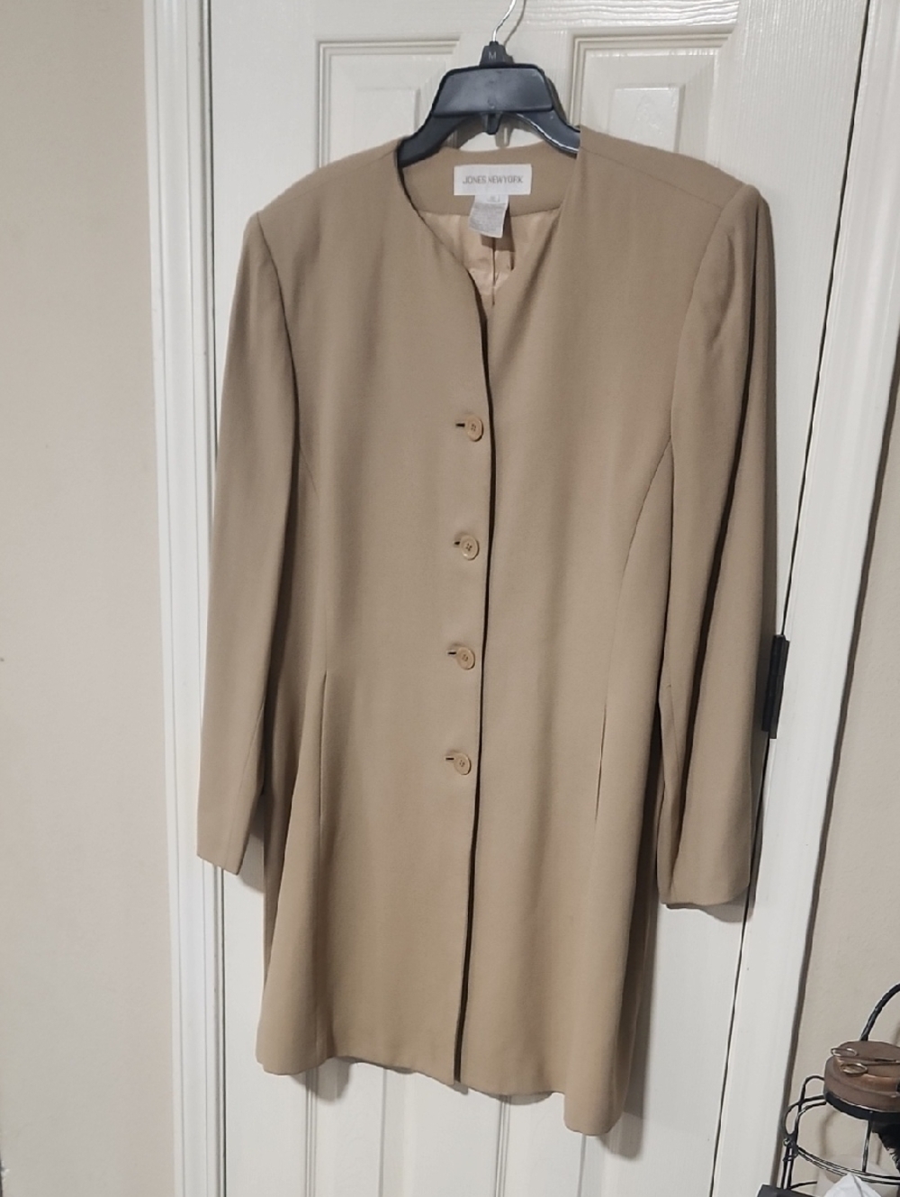 Jones New York Long Taupe Collarless Blaze Cardigan. Icon, Button Down, Layering